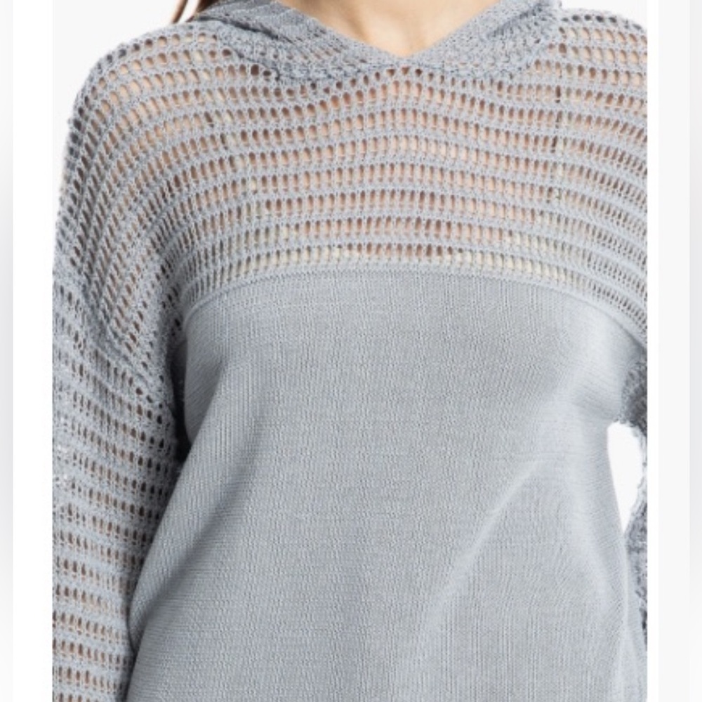 Max Studio Women's Light Gray Mesh Pointelle Hooded Sweater - Picture 5 of 6